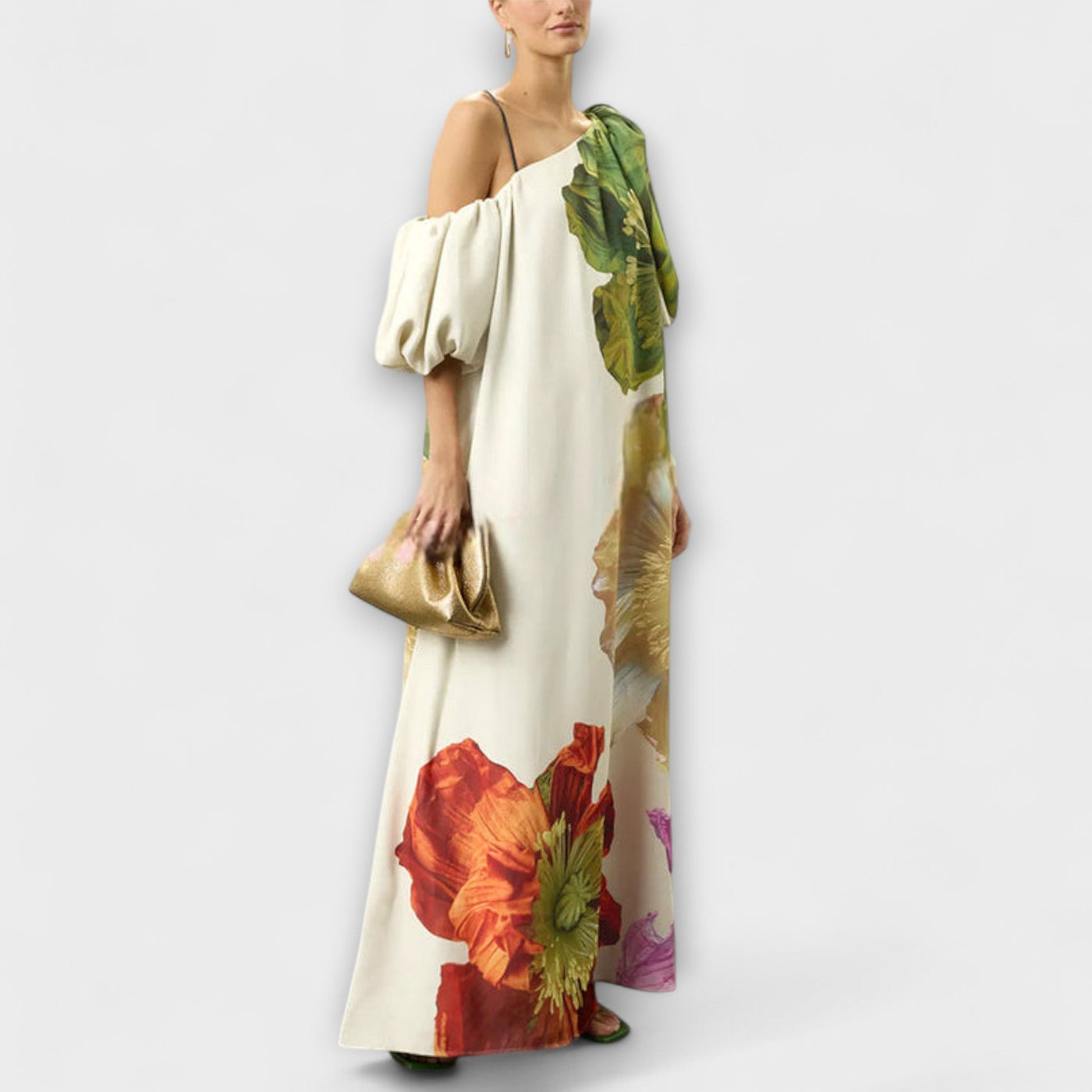 Skylar - Maxi Dress with Floral Print, Asymmetrical Neckline, and Puff Sleeves