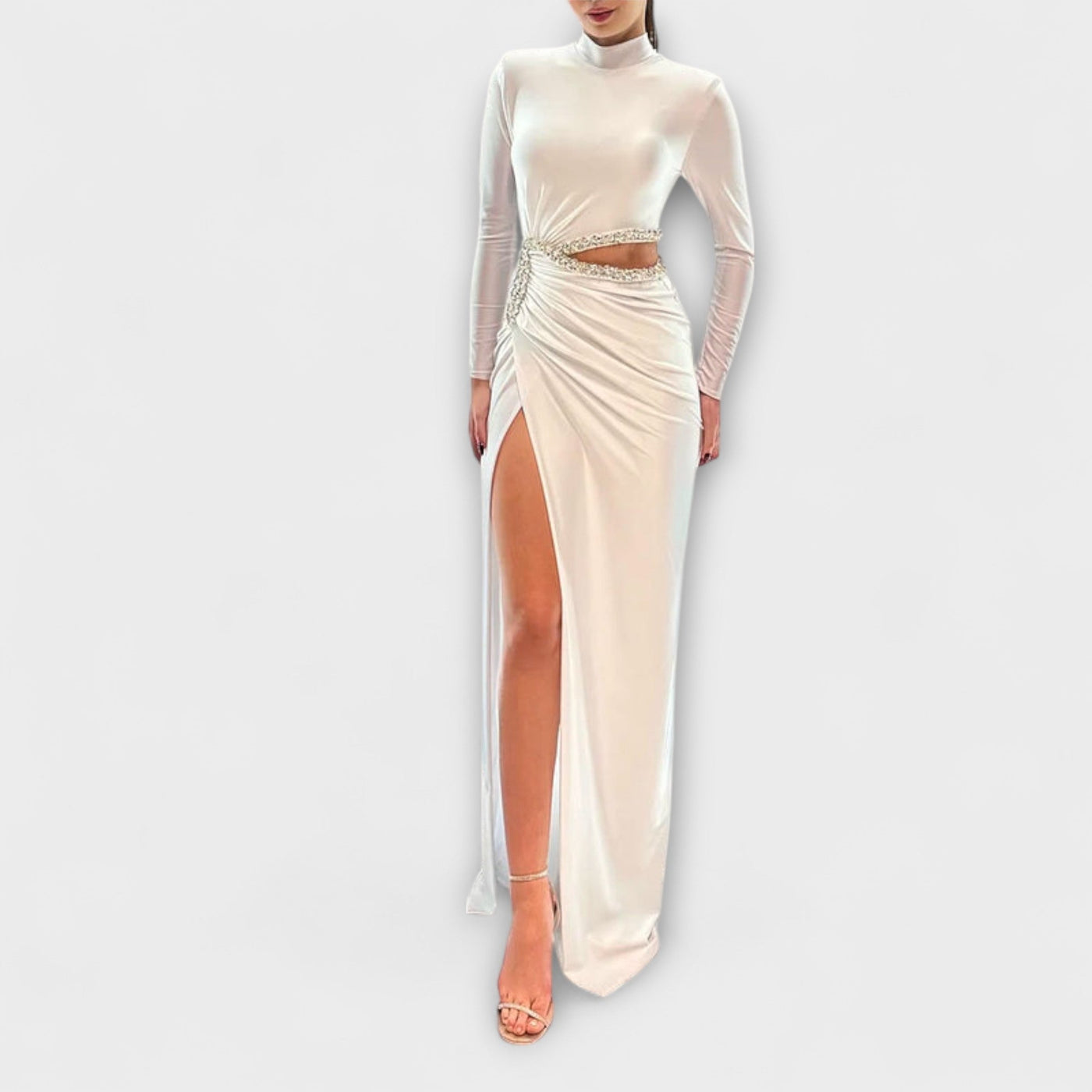 Selah - White Long Sleeve Dress with Waist Cutout and Rhinestone Accents