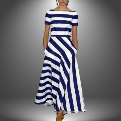 Lyric - Elegant Short-Sleeved Stripes Pocket Dress