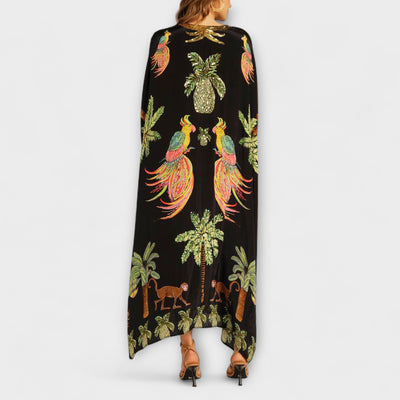 Linda - Eye-catching Dress with Asymmetrical Shoulders and Coconut Tree Print